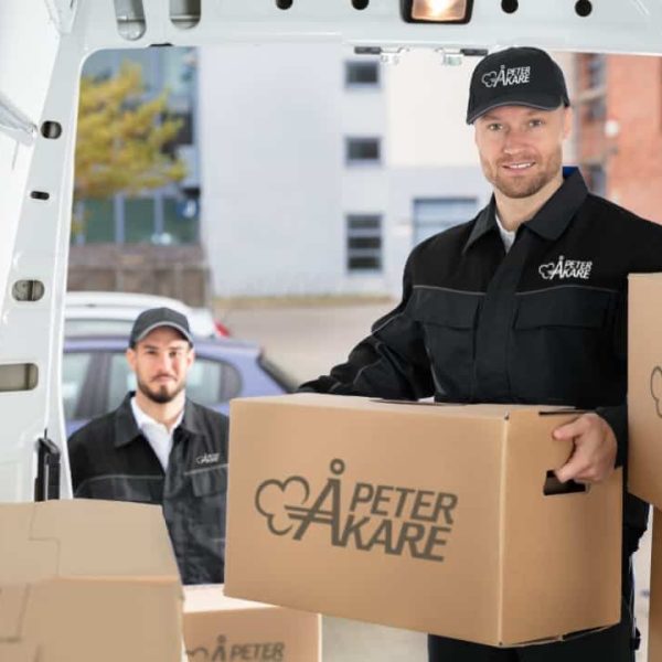 Två flyttarbetare från Flyttfirma Peter Åkare lastar in flyttkartonger i bil intill hus i Stockholm